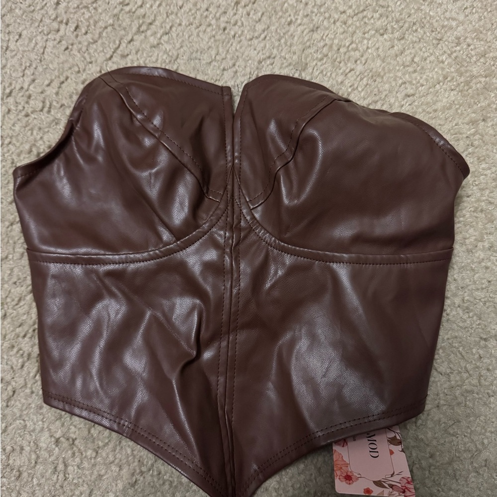 Brown Faux Leather Bustier Top